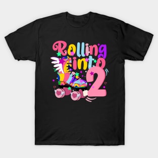 rolling into 2 - 2nd birthday girl roller skates theme party T-Shirt